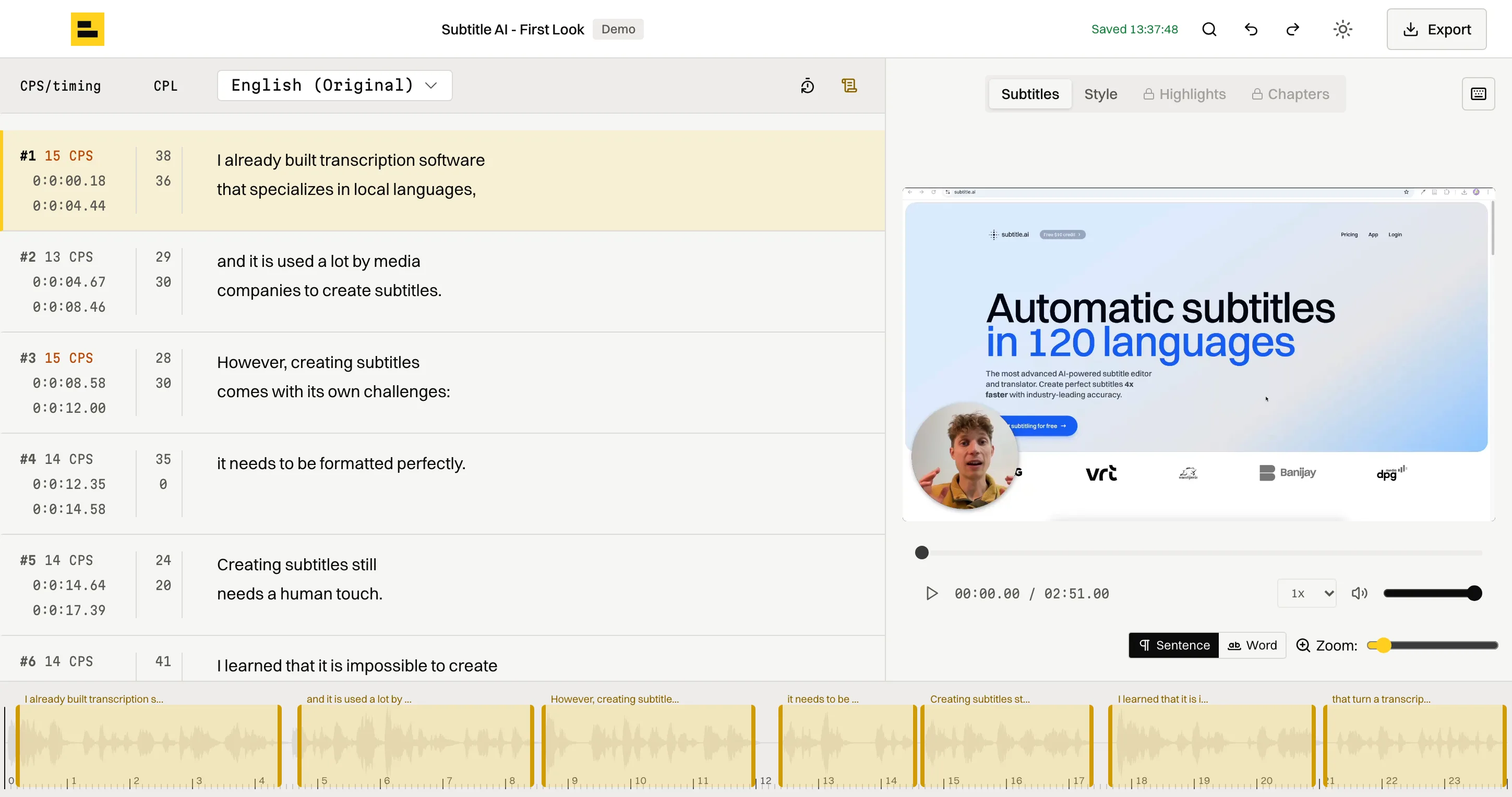 The Subtitle AI editor: a cue list showing reading speed and line lengths per cue, the video player, and a waveform timeline with cue blocks.